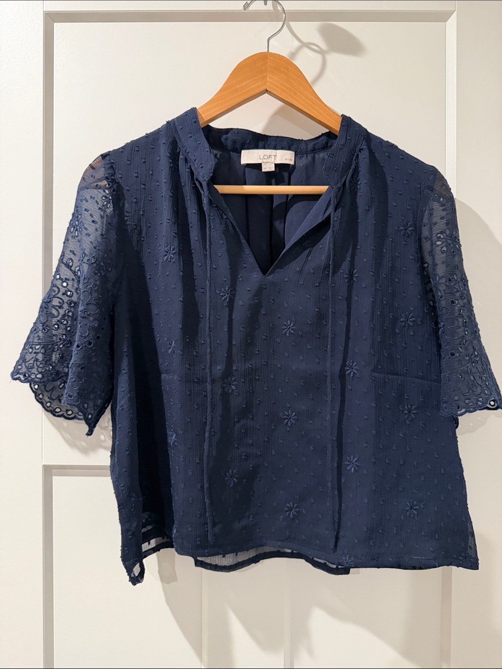 LOFT Navy Eyelet Tie-Front Blouse. NWOT